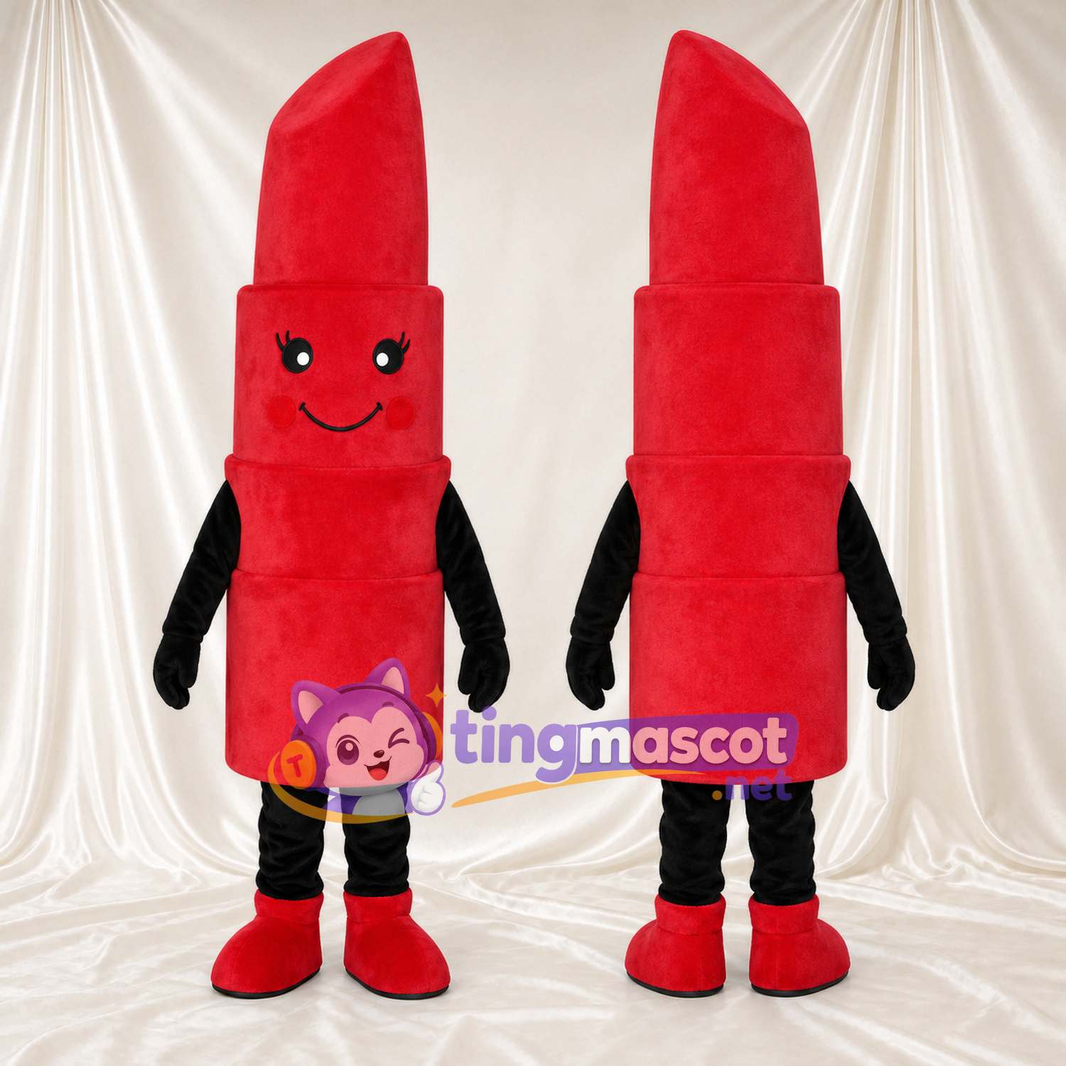 Costume de mascotte Rouge à lèvres – rouge – Visage souriant; Membres (noir) Costume de mascotte Rouge à lèvres – rouge – Visage souriant; Membres (noir)