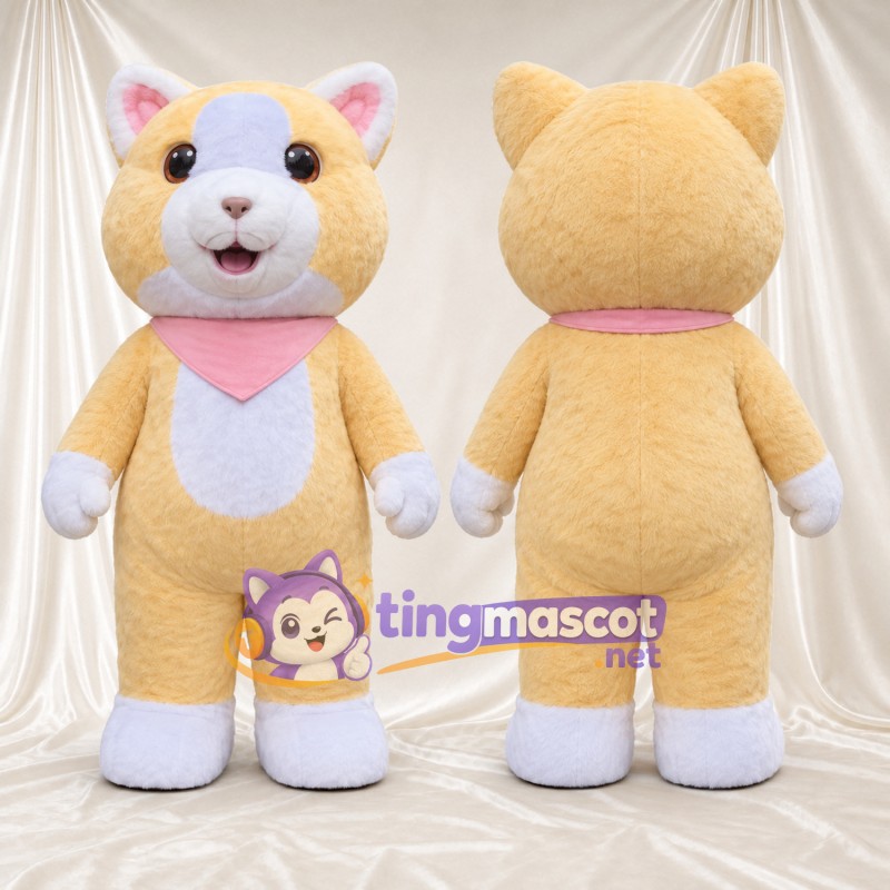 Costume de mascotte Chat – crème – Bandana (rose); Pattes (blanc)