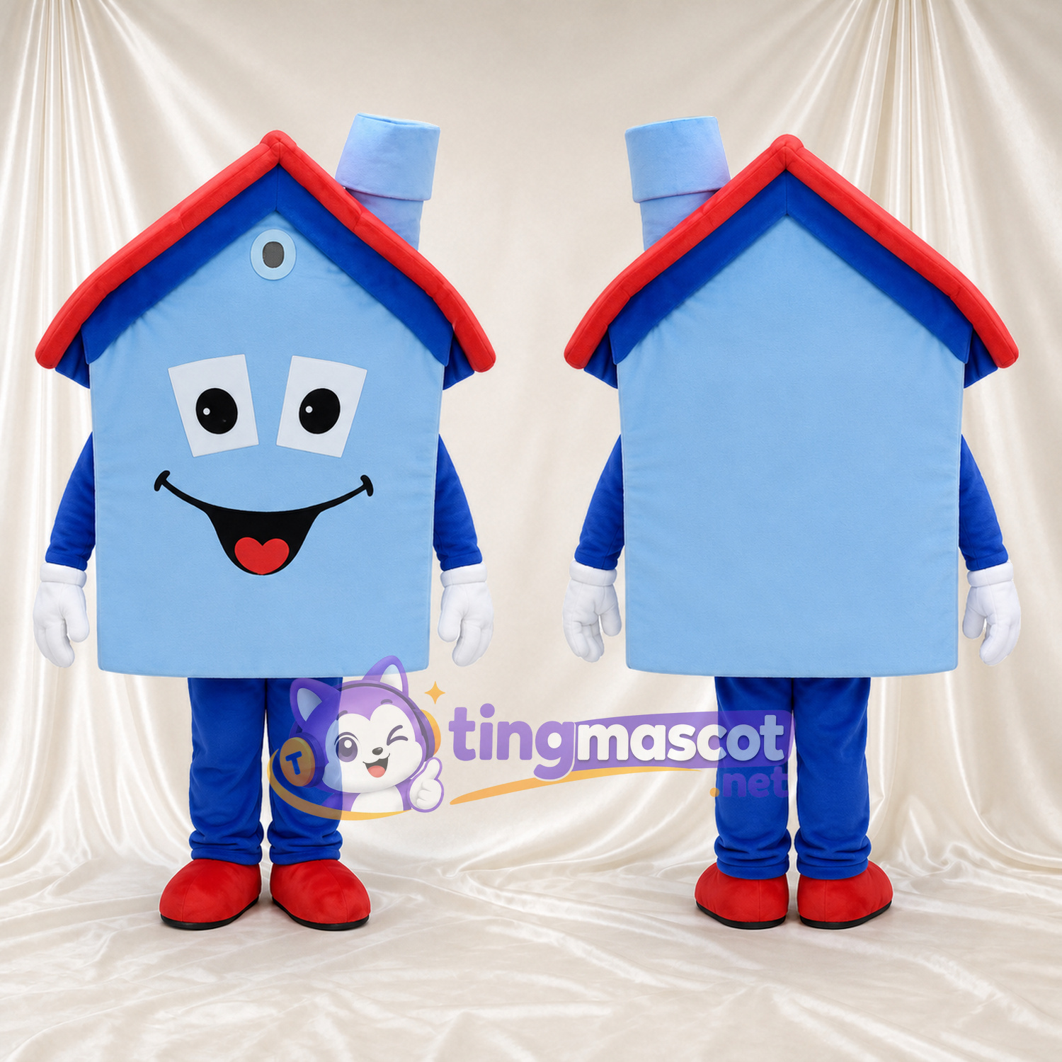 Blue House Mascot Costume - Red Roof and Smiling Face
