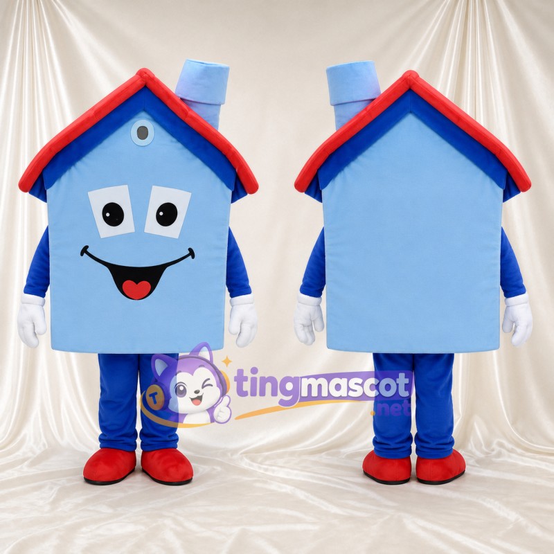 Blue House Mascot Costume - Red Roof and Smiling Face