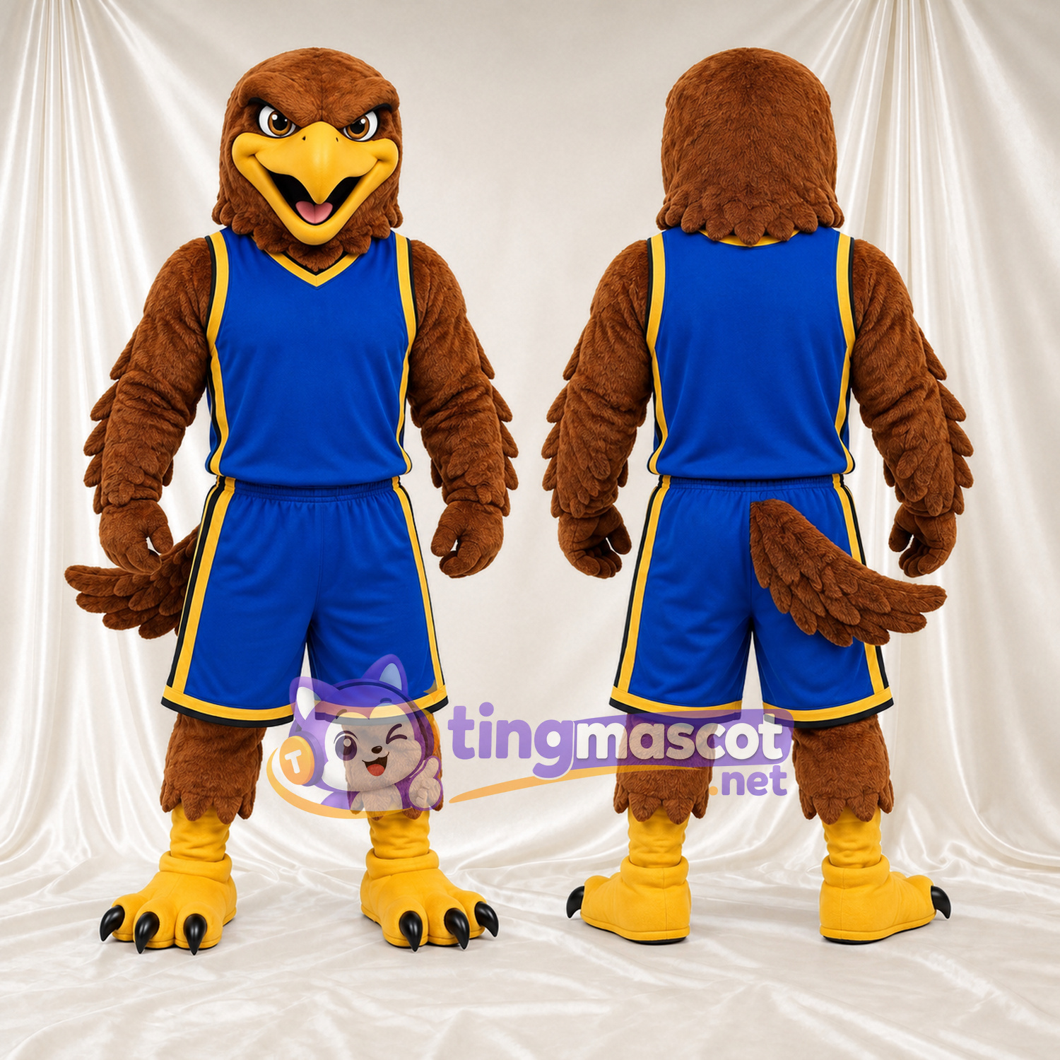 Costume de mascotte Faucon – marron – Tenue de basket (bleu); Bordure (doré)
