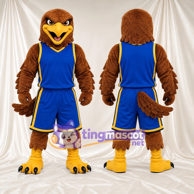 Costume de mascotte Faucon – marron – Tenue de basket (bleu); Bordure (doré)