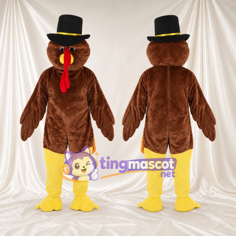 Brown Turkey Mascot Costume - Black Pilgrim Hat and Red Wattle