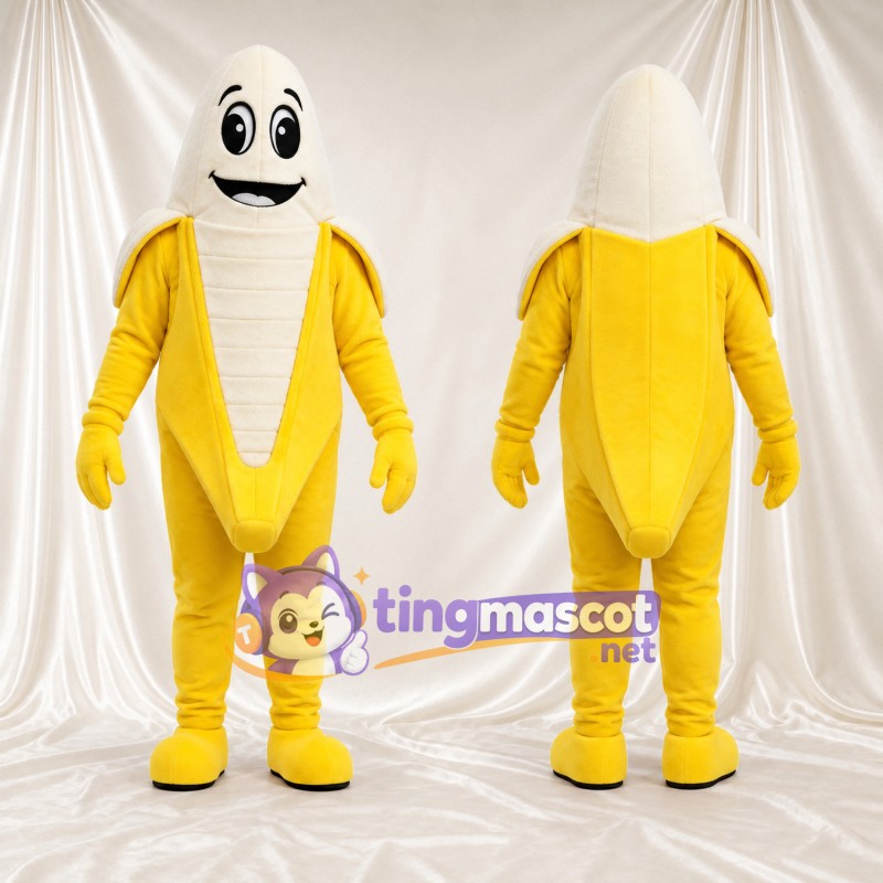 Yellow Banana Mascot Costume - Peeled Sides and Smiling White Fruit