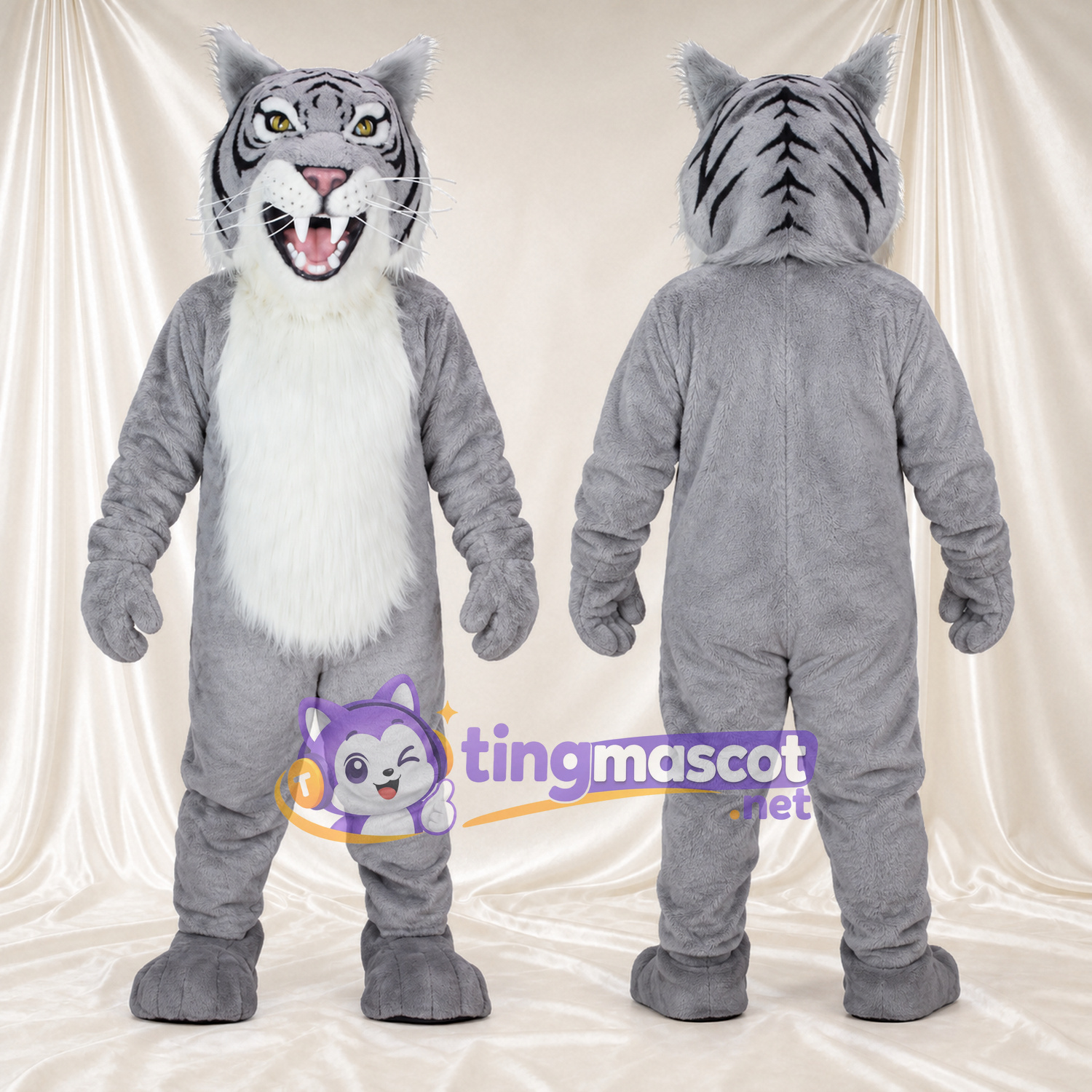 Costume de mascotte Tigre – blanc – Corps (gris); Torse (hirsute, blanc) Costume de mascotte Tigre – blanc – Corps (gris); Torse (hirsute, blanc)