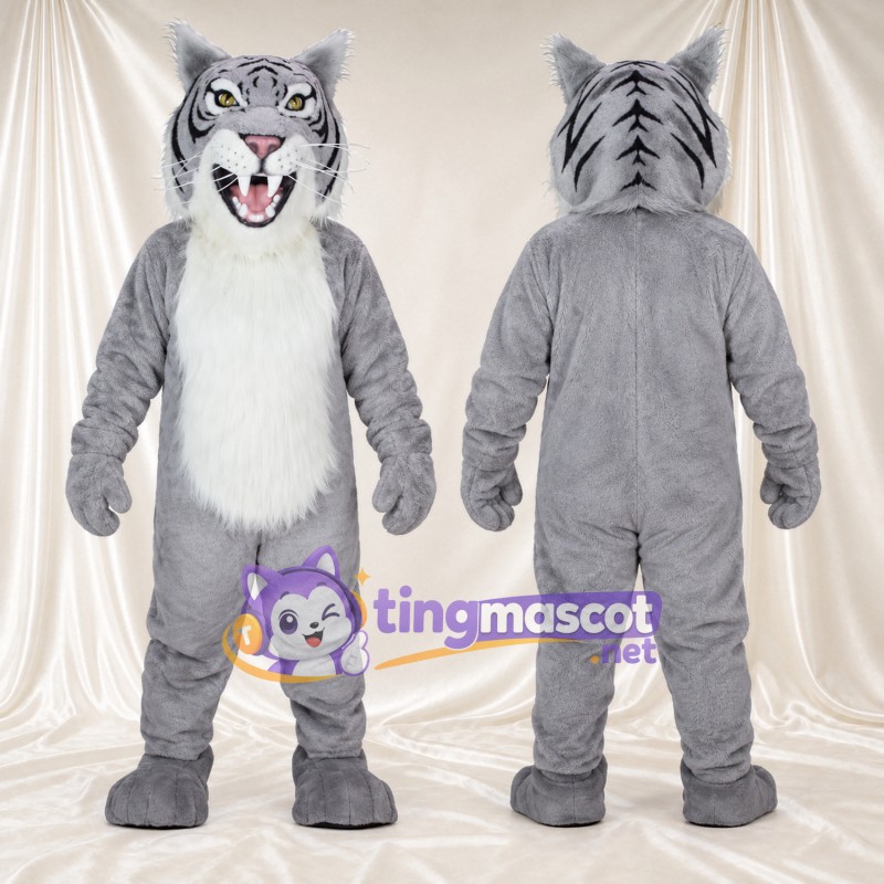 Costume de mascotte Tigre – blanc – Corps (gris); Torse (hirsute, blanc)