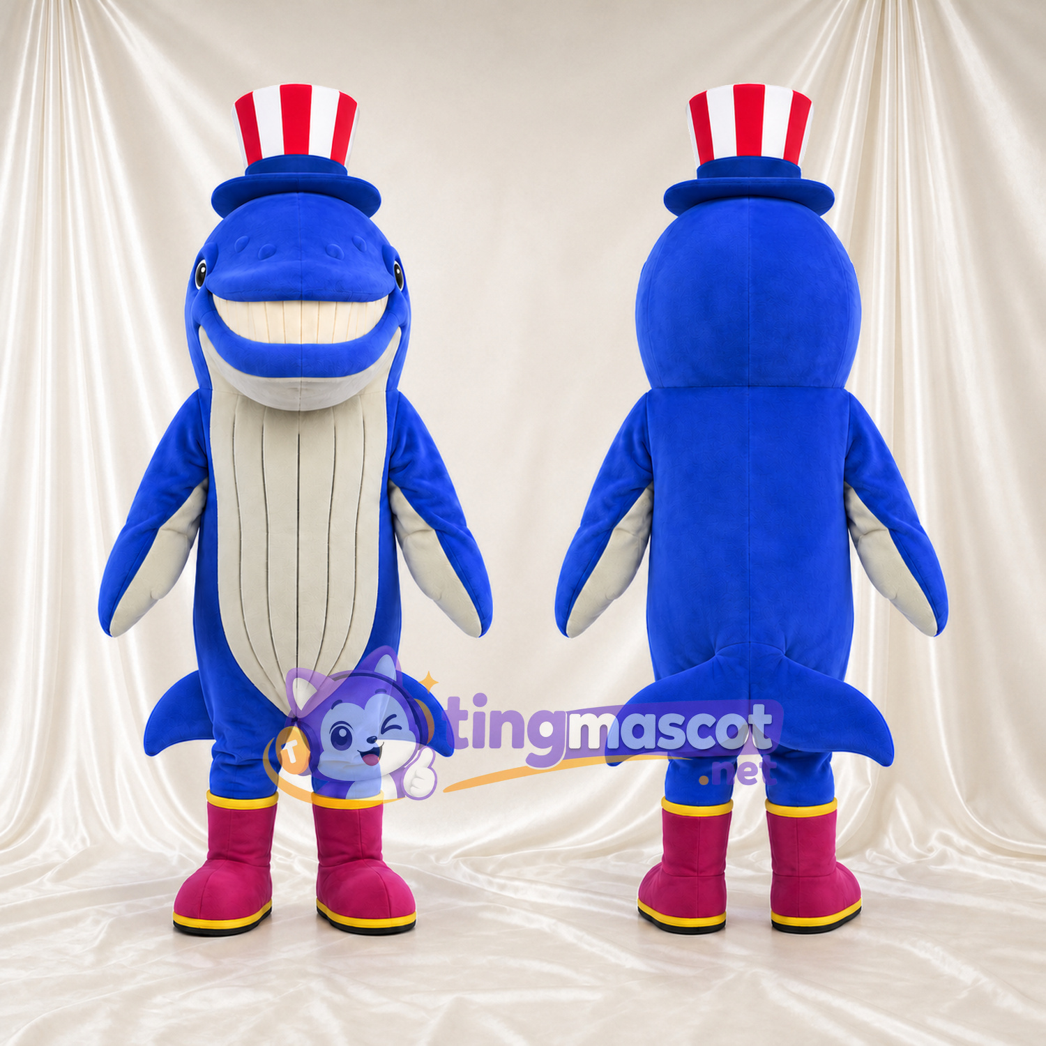 Costume de mascotte Baleine – bleu – Haut-de-forme (rayé); Bottes (rouge) Costume de mascotte Baleine – bleu – Haut-de-forme (rayé); Bottes (rouge)