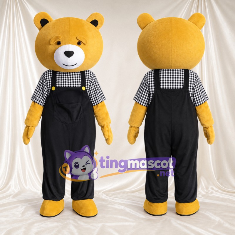 Golden Bear Mascot Costume - Black Overalls and Checked Shirt