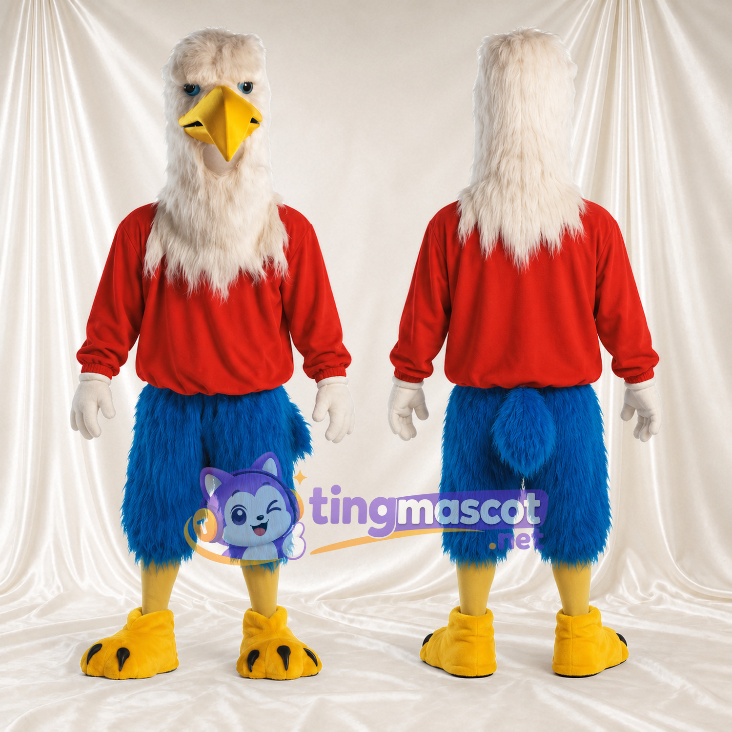 Costume de mascotte Aigle – blanc – Chemise (rouge); Jambes (bleu, à plumes) Costume de mascotte Aigle – blanc – Chemise (rouge); Jambes (bleu, à plumes)