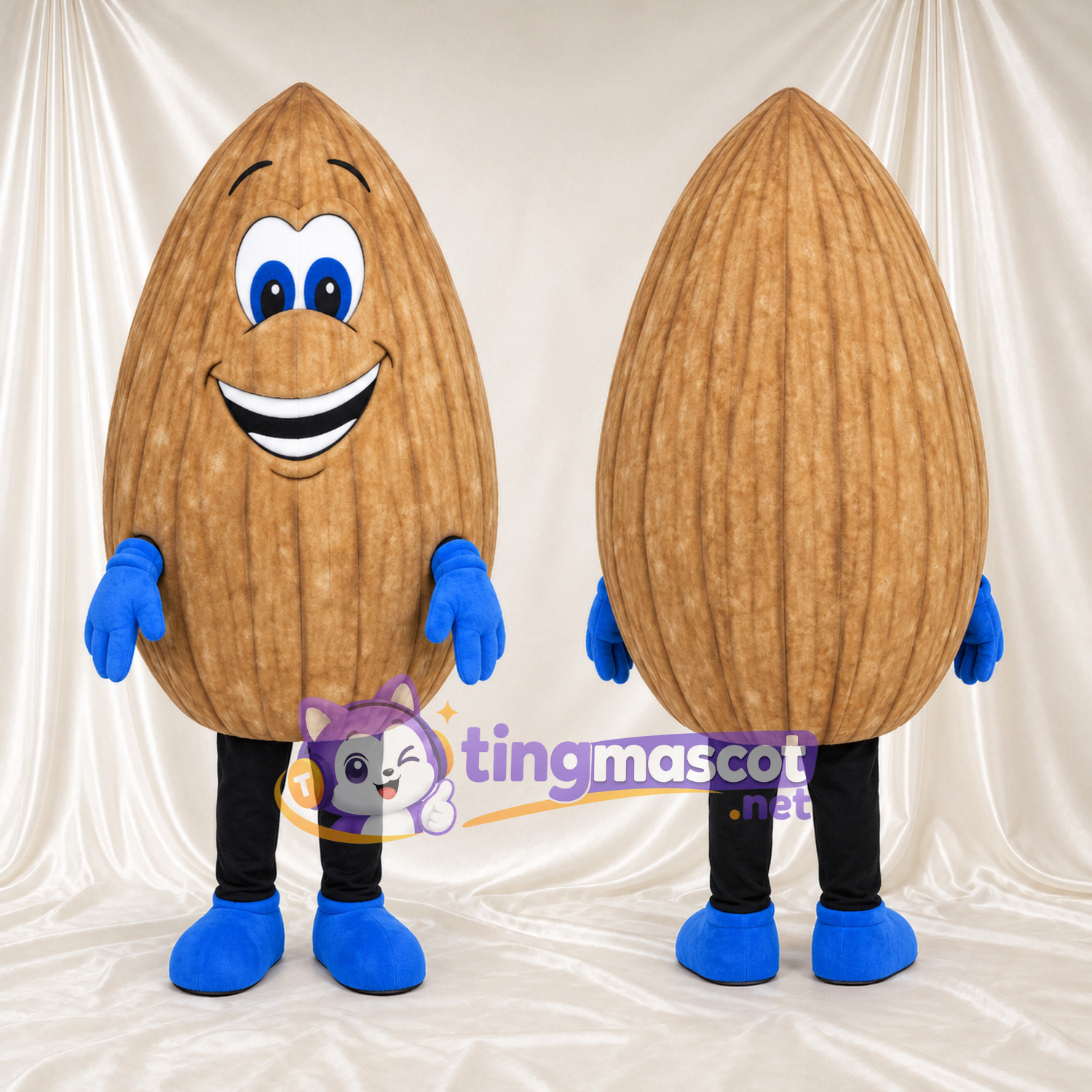 Almond Mascot Costume - Wood-Grain Shell and Blue Gloves Almond Mascot Costume - Wood-Grain Shell and Blue Gloves