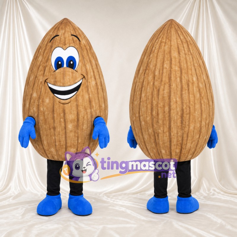 Almond Mascot Costume - Wood-Grain Shell and Blue Gloves