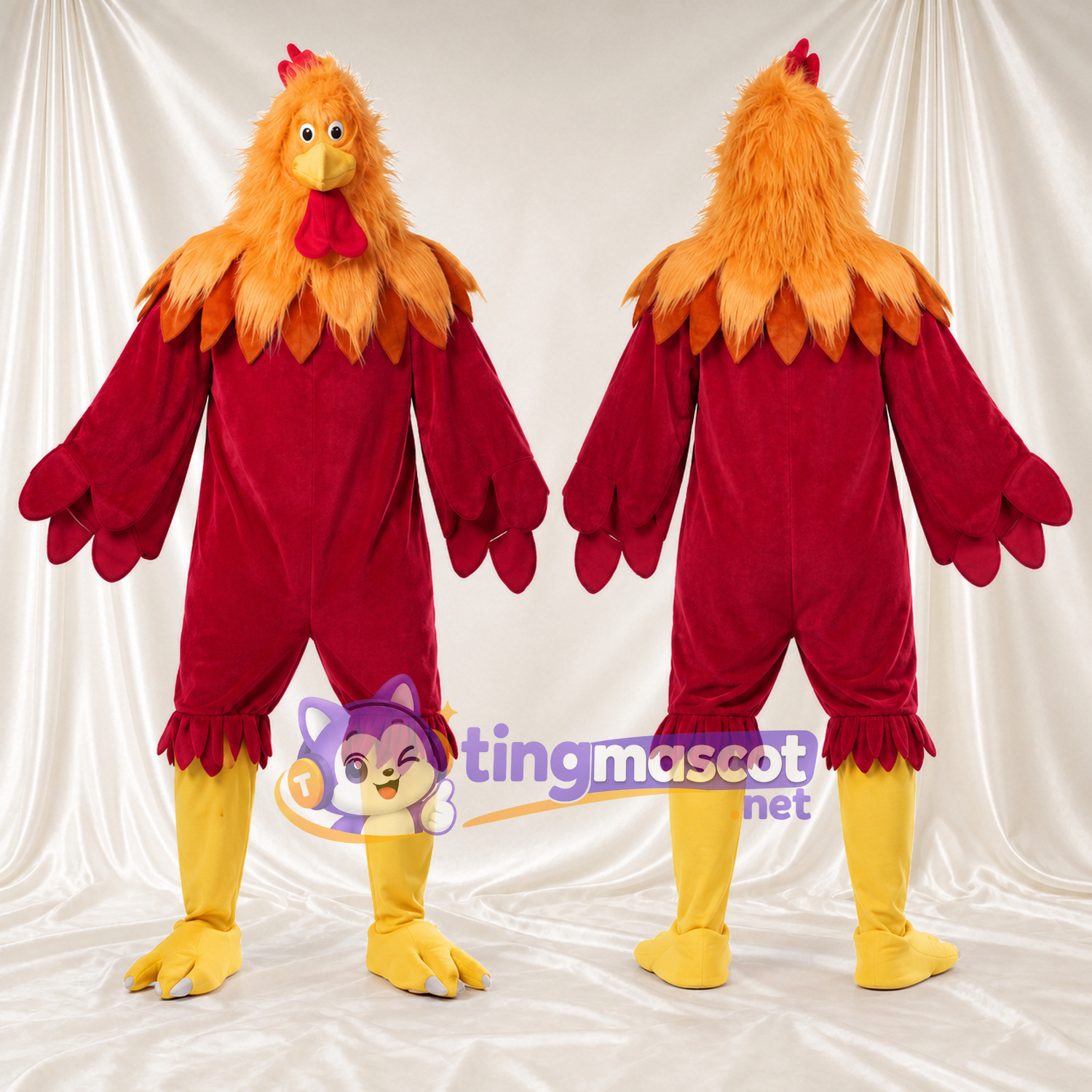 Red Rooster Mascot Costume - Orange Neck Feathers and Yellow Legs Red Rooster Mascot Costume - Orange Neck Feathers and Yellow Legs