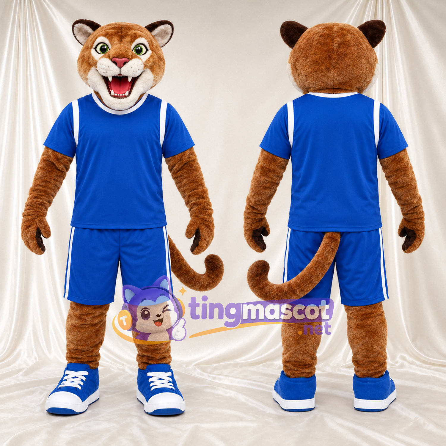 Brown Cougar Mascot Costume - Blue Sports Uniform and Blue Sneakers Brown Cougar Mascot Costume - Blue Sports Uniform and Blue Sneakers