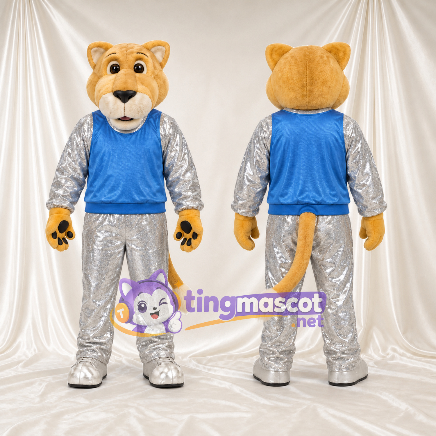 Golden Cougar Mascot Costume - Blue Top and Silver Outfit Golden Cougar Mascot Costume - Blue Top and Silver Outfit