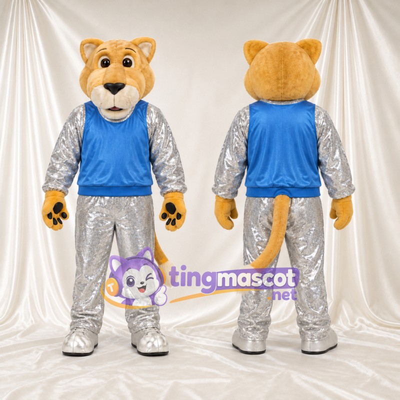 Golden Cougar Mascot Costume - Blue Top and Silver Outfit