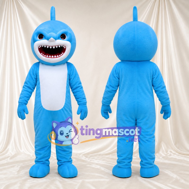 Costume de mascotte Requin – bleu – Ventre (blanc); Bouche (large, avec dents)