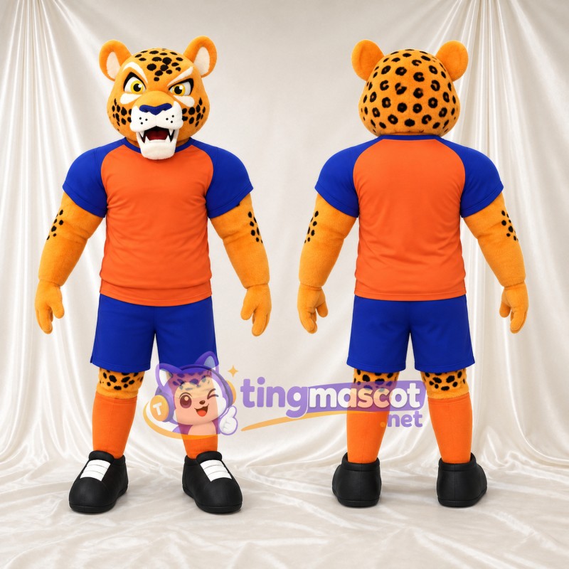 Costume de mascotte Léopard – orange – Maillot de sport (orange); Short (bleu)