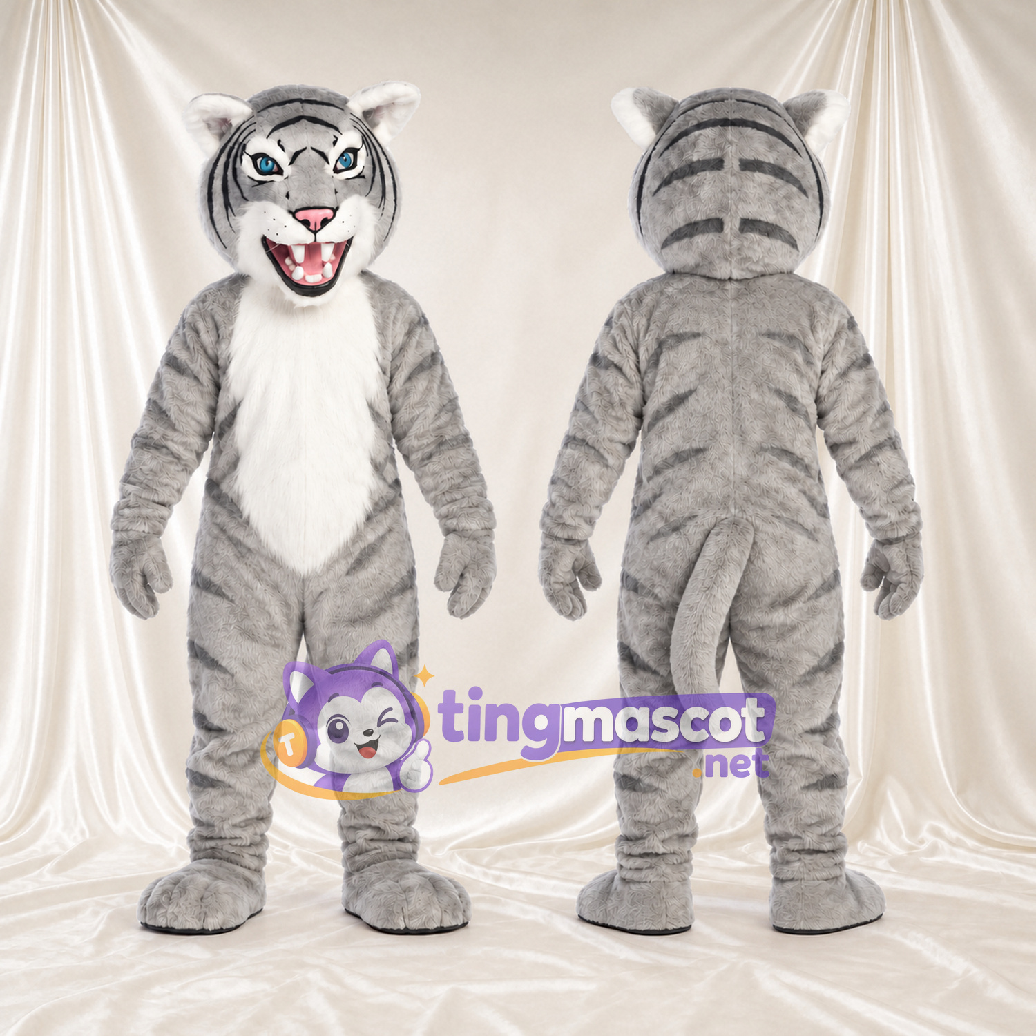 Costume de mascotte Tigre – blanc – Corps rayé (gris); Torse (blanc) Costume de mascotte Tigre – blanc – Corps rayé (gris); Torse (blanc)