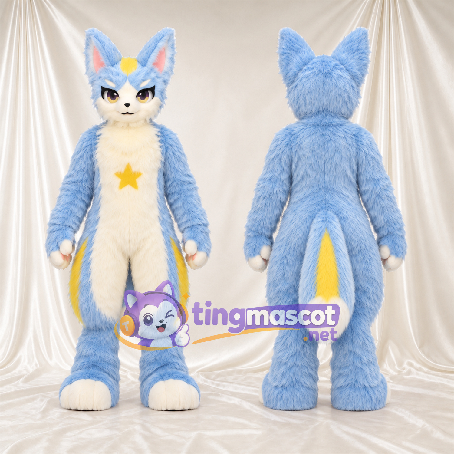 Costume de mascotte Renard – bleu – Torse (jaune); Étoile; Ventre (crème) Costume de mascotte Renard – bleu – Torse (jaune); Étoile; Ventre (crème)