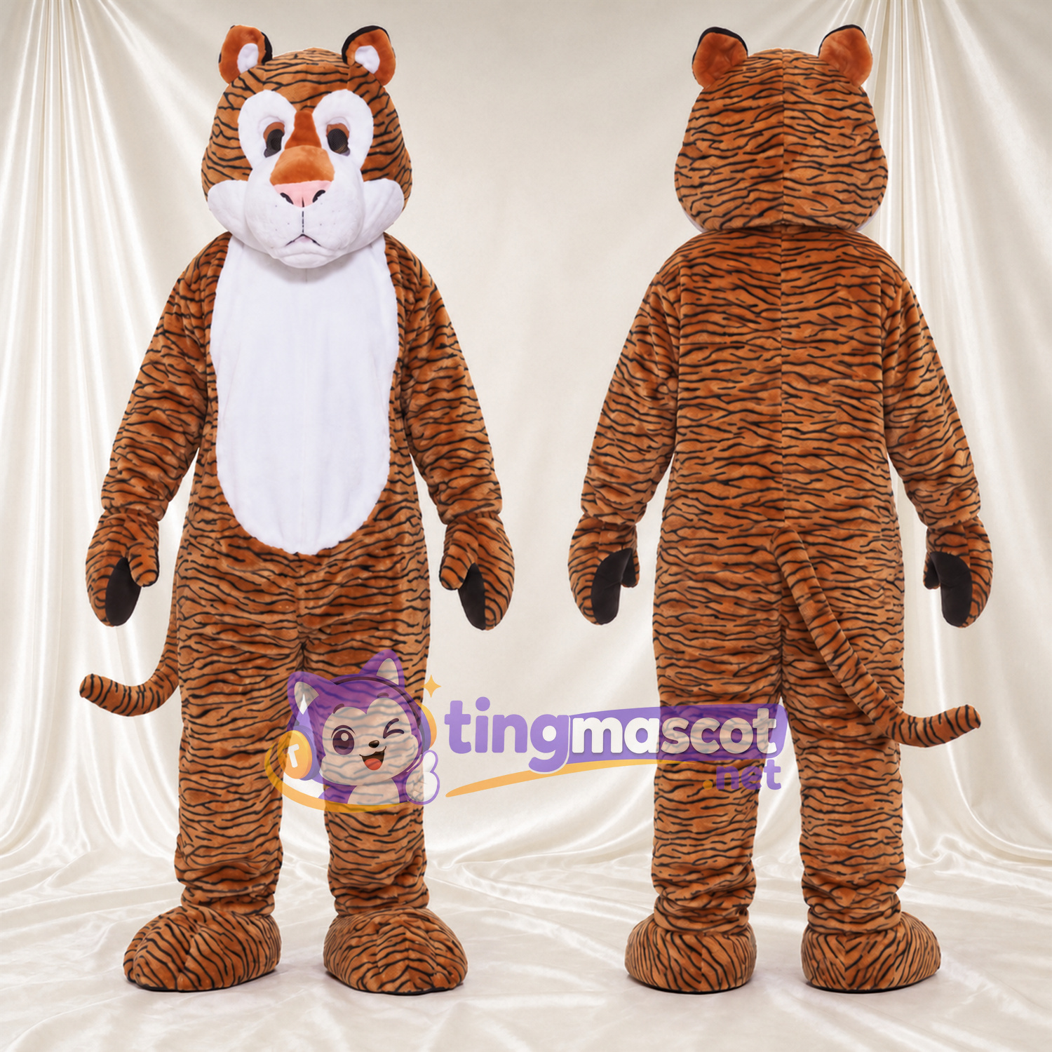 Costume de mascotte Tigre – marron – Fines rayures; Ventre (blanc) Costume de mascotte Tigre – marron – Fines rayures; Ventre (blanc)