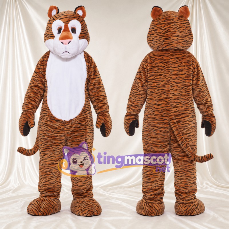 Costume de mascotte Tigre – marron – Fines rayures; Ventre (blanc)