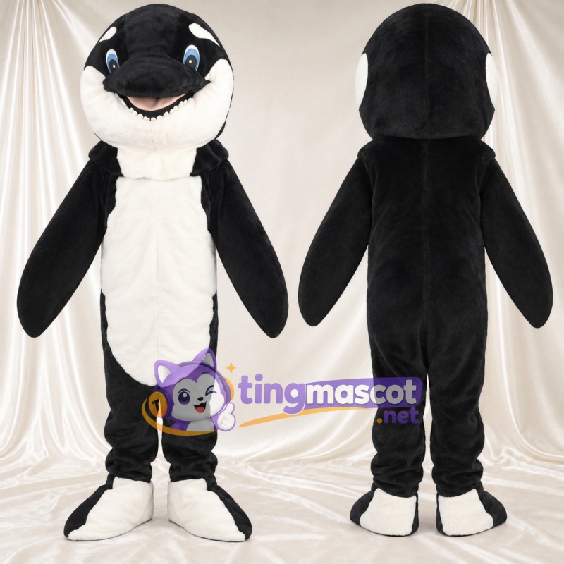 Black and White Orca Mascot Costume - Long Flippers and Smiling Face