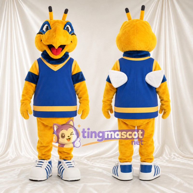 Costume de mascotte Abeille – jaune – Maillot de sport (bleu marine); Baskets (blanc)