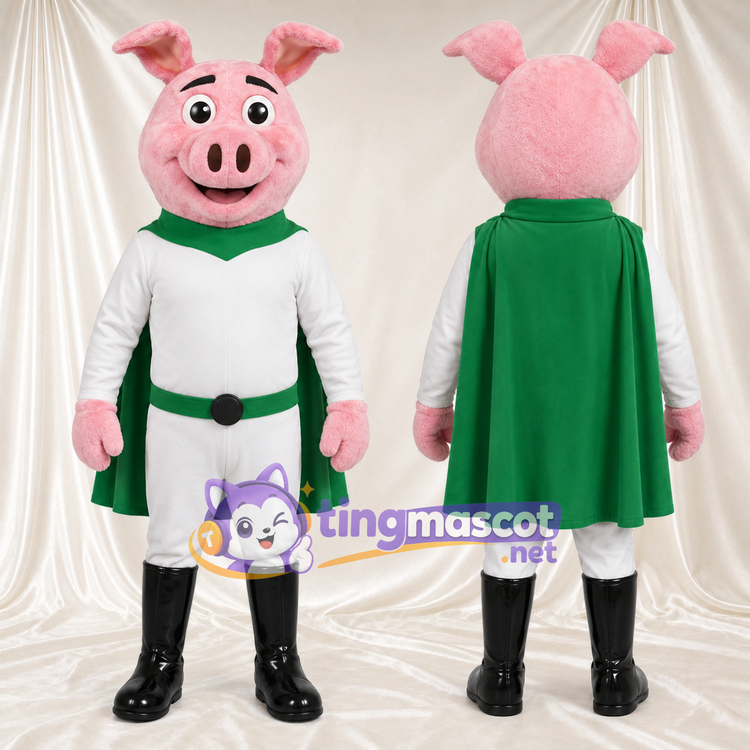 Maskottchenkostüm Schwein – rosa – Anzug (weiß); Umhang (grün) Maskottchenkostüm Schwein – rosa – Anzug (weiß); Umhang (grün)