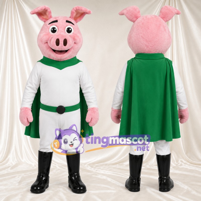Maskottchenkostüm Schwein – rosa – Anzug (weiß); Umhang (grün)
