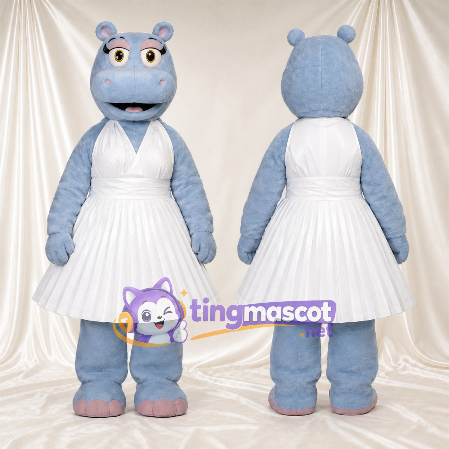 Blue Hippo Mascot Costume - White Pleated Dress Blue Hippo Mascot Costume - White Pleated Dress