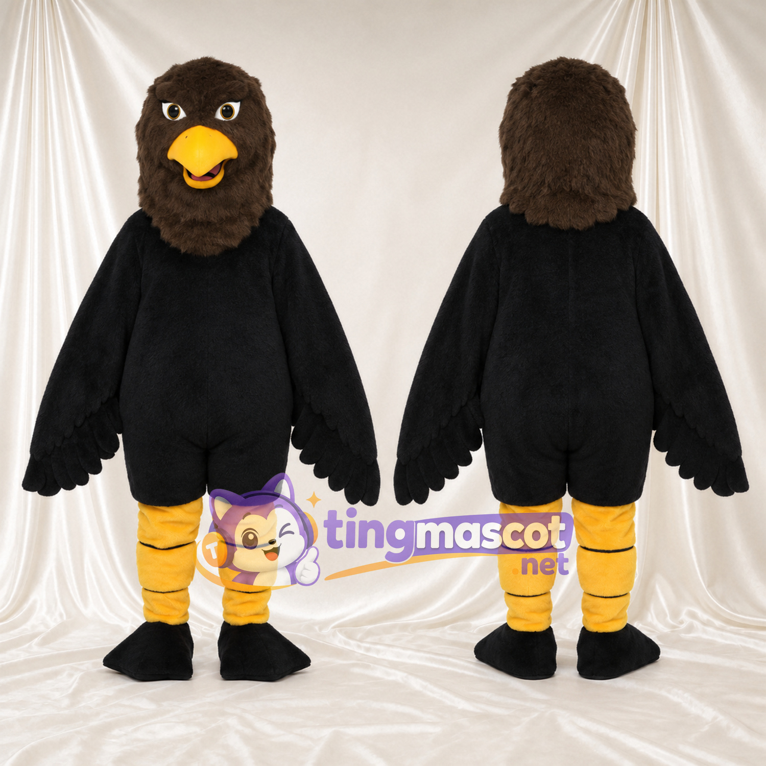 Costume de mascotte Aigle – noir – Tête (marron); Jambes (jaune) Costume de mascotte Aigle – noir – Tête (marron); Jambes (jaune)