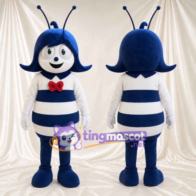 Costume de mascotte Abeille – bleu / blanc – Nœud papillon (rouge); Cheveux (enroulé)