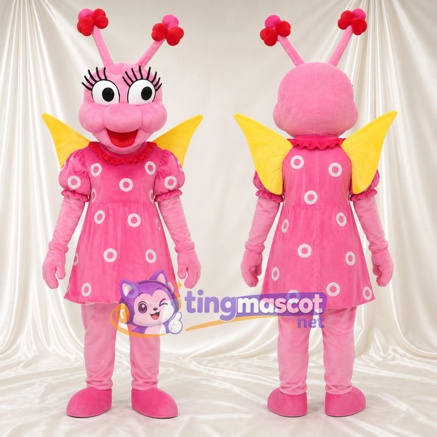 Pink Butterfly Mascot Costume - Polka-Dot Dress and Yellow Wings Pink Butterfly Mascot Costume - Polka-Dot Dress and Yellow Wings