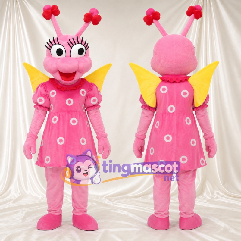 Pink Butterfly Mascot Costume - Polka-Dot Dress and Yellow Wings