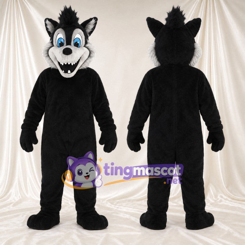 Costume de mascotte Loup – noir – Joues (gris); Sourire (large)