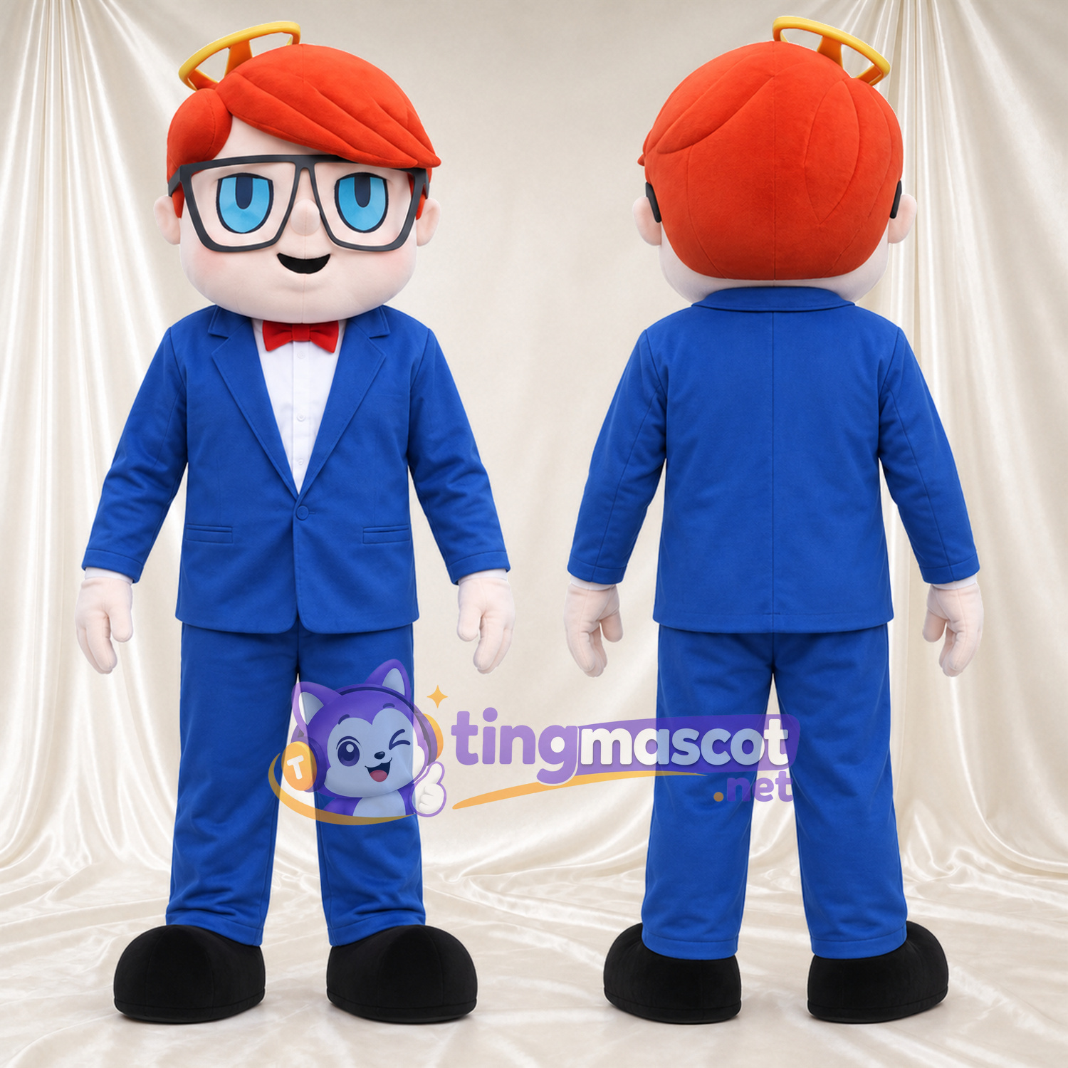Costume de mascotte Garçon – rouge – Costume (bleu); Lunettes (grand) Costume de mascotte Garçon – rouge – Costume (bleu); Lunettes (grand)