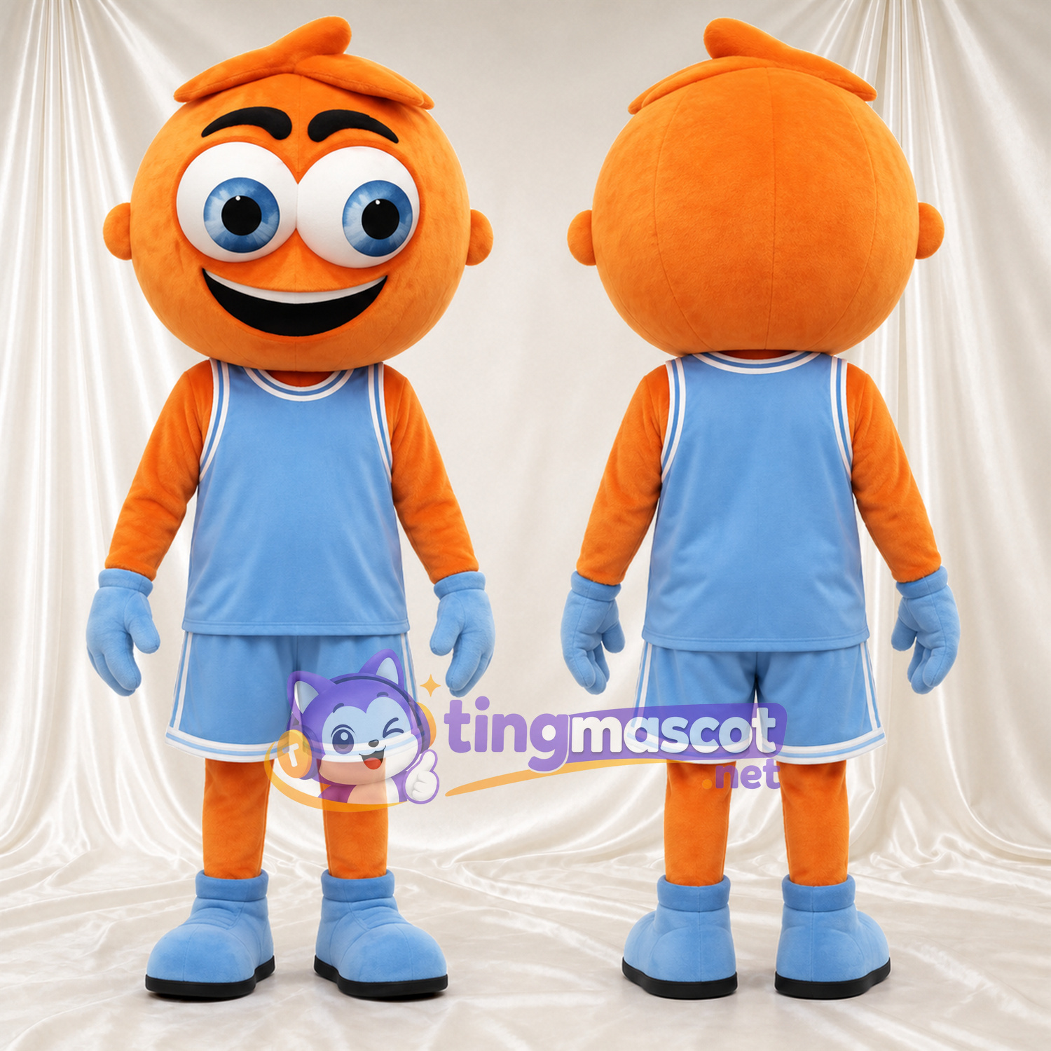 Maskottchenkostüm Jungenfigur – orange – Basketballtrikot (blau) Maskottchenkostüm Jungenfigur – orange – Basketballtrikot (blau)