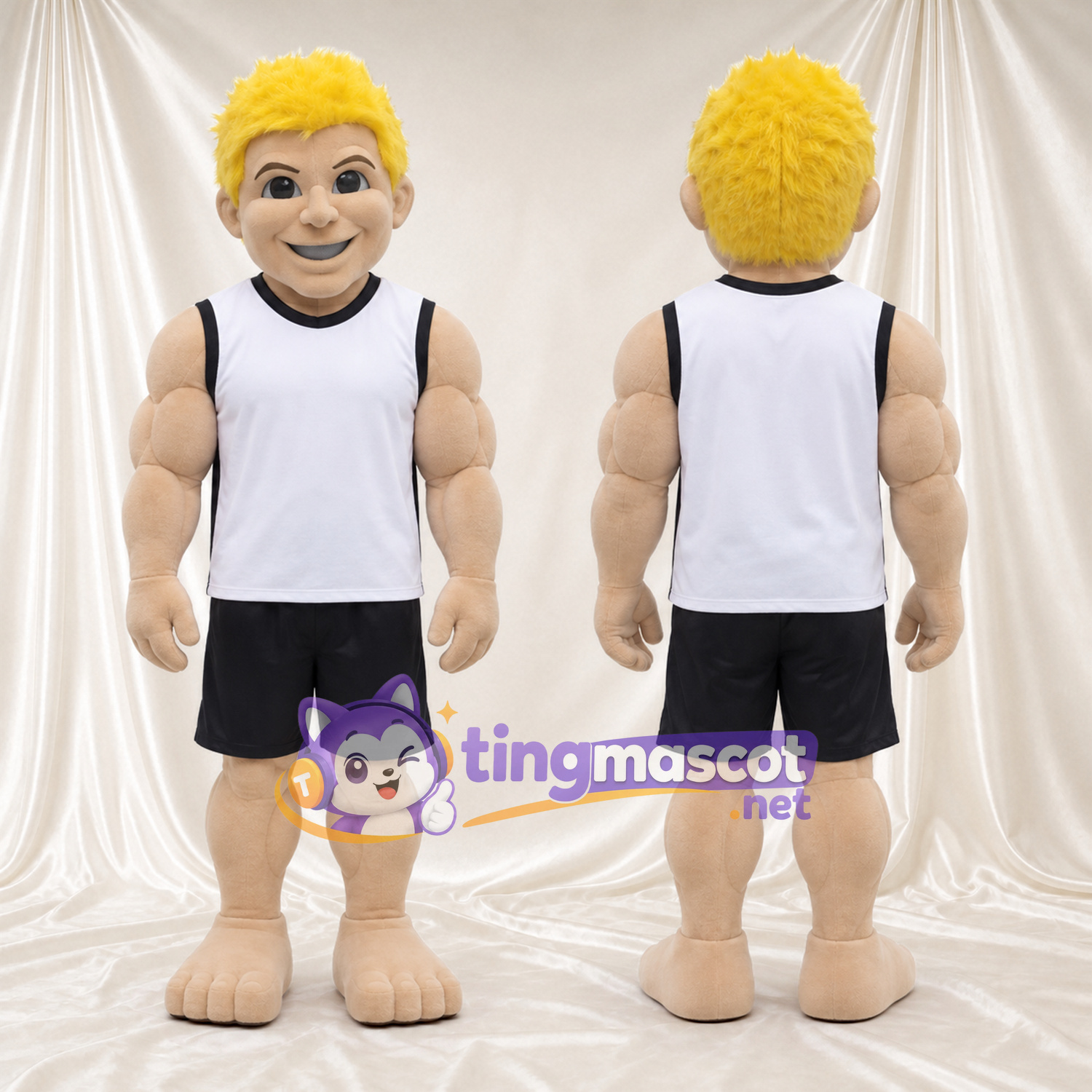 Blond Athlete Character Mascot Costume - White Sports Top and Black Shorts Blond Athlete Character Mascot Costume - White Sports Top and Black Shorts