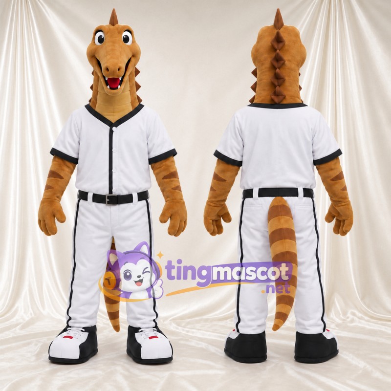 Costume de mascotte Dinosaure – brun clair – Uniforme (blanc); Ceinture (noir)