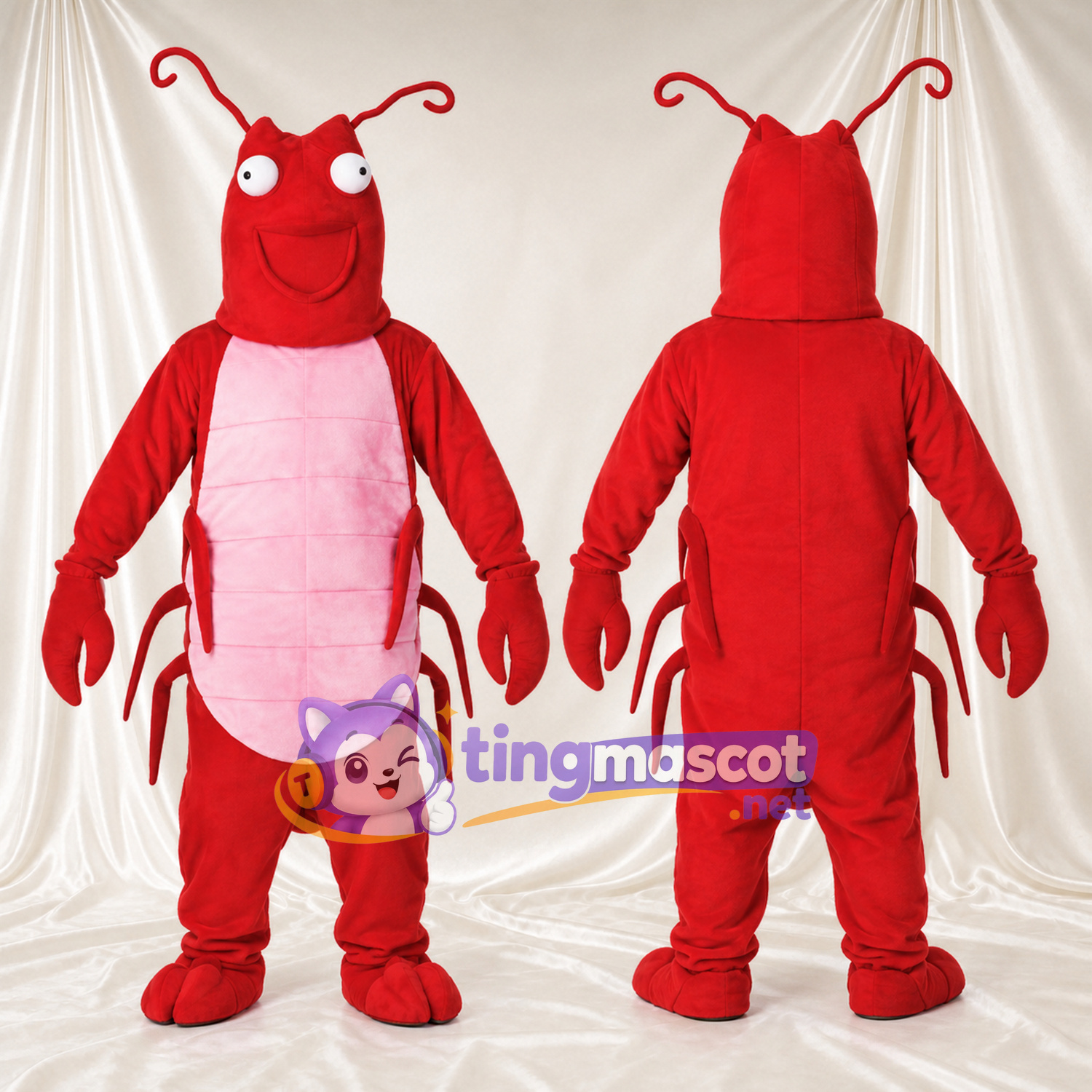 Costume de mascotte Homard – rouge – Ventre (rose); Antennes (enroulé) Costume de mascotte Homard – rouge – Ventre (rose); Antennes (enroulé)