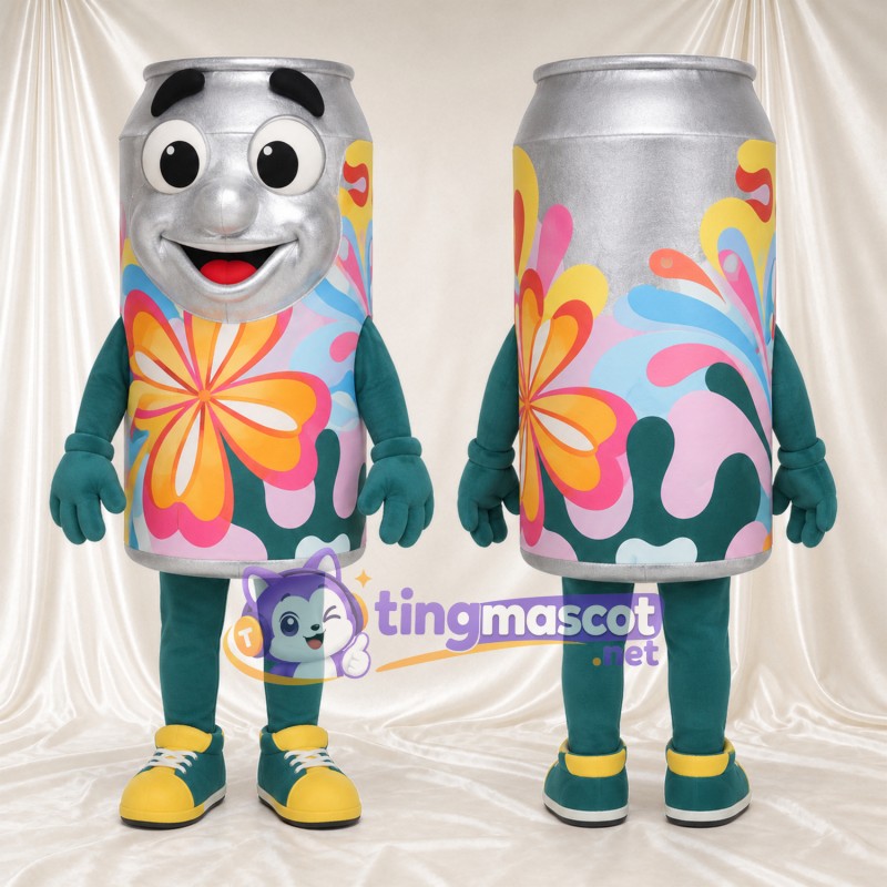Costume de mascotte Canette de boisson – argenté – Motif floral (multicolore); Membres (vert)
