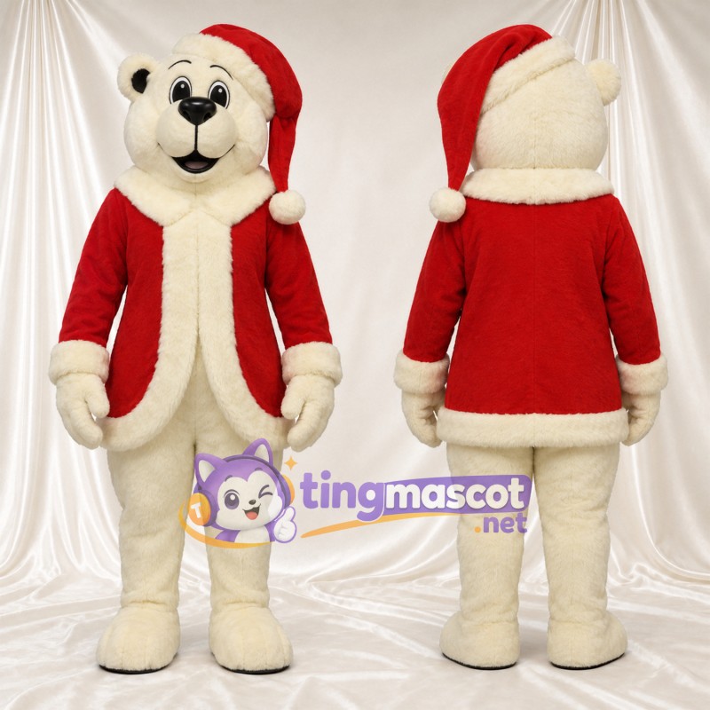 Maskottchenkostüm Eisbär – weiß – Mantel (rot); Hut