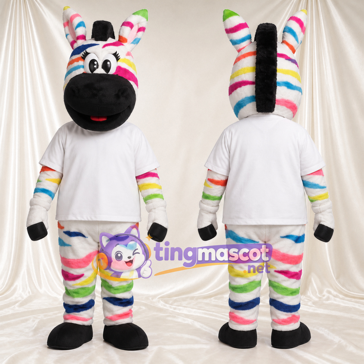 Costume de mascotte Zèbre – arc-en-ciel – T-shirt (blanc); Sabots (noir) Costume de mascotte Zèbre – arc-en-ciel – T-shirt (blanc); Sabots (noir)
