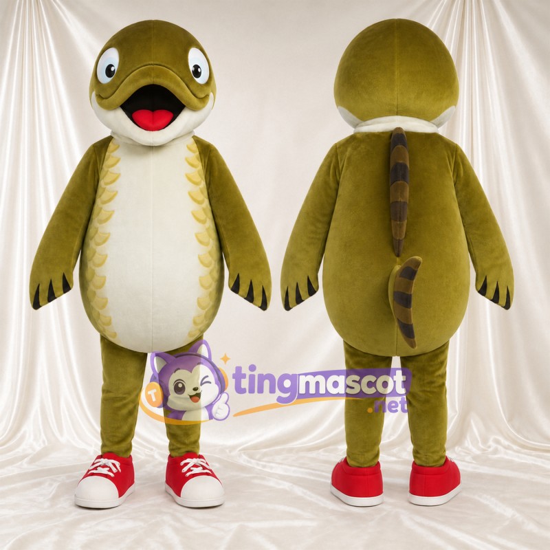 Costume de mascotte Canard – vert olive – Ventre (crème); Baskets (rouge)