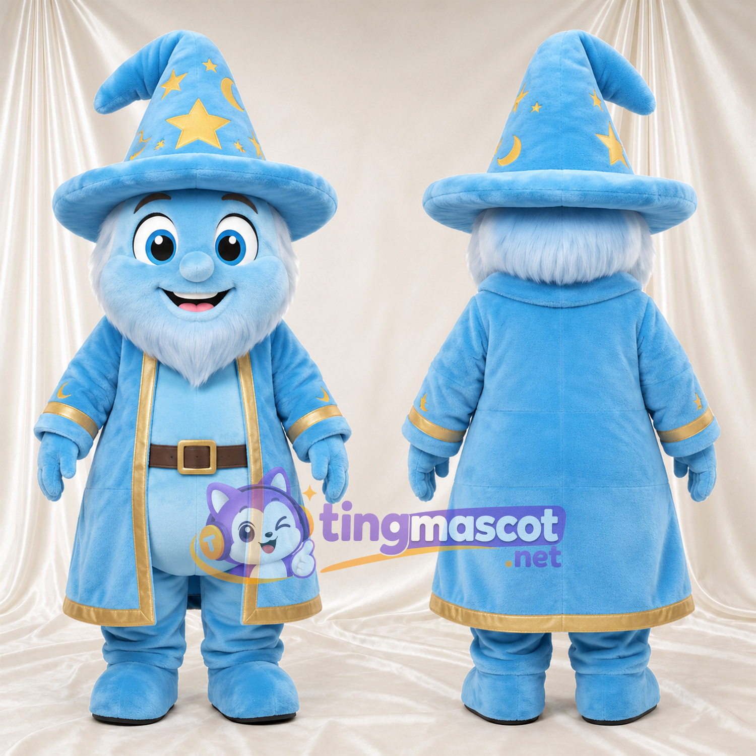Costume de mascotte Magicien – bleu – Étoile (jaune); Chapeau; Bordure (doré) Costume de mascotte Magicien – bleu – Étoile (jaune); Chapeau; Bordure (doré)