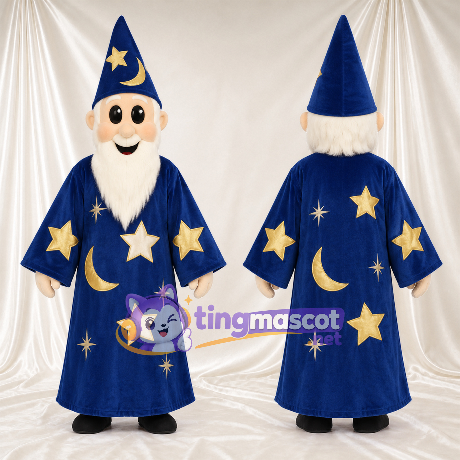 Costume de mascotte Magicien – selon la photo – Étoile (bleu marine); Tunique longue Costume de mascotte Magicien – selon la photo – Étoile (bleu marine); Tunique longue