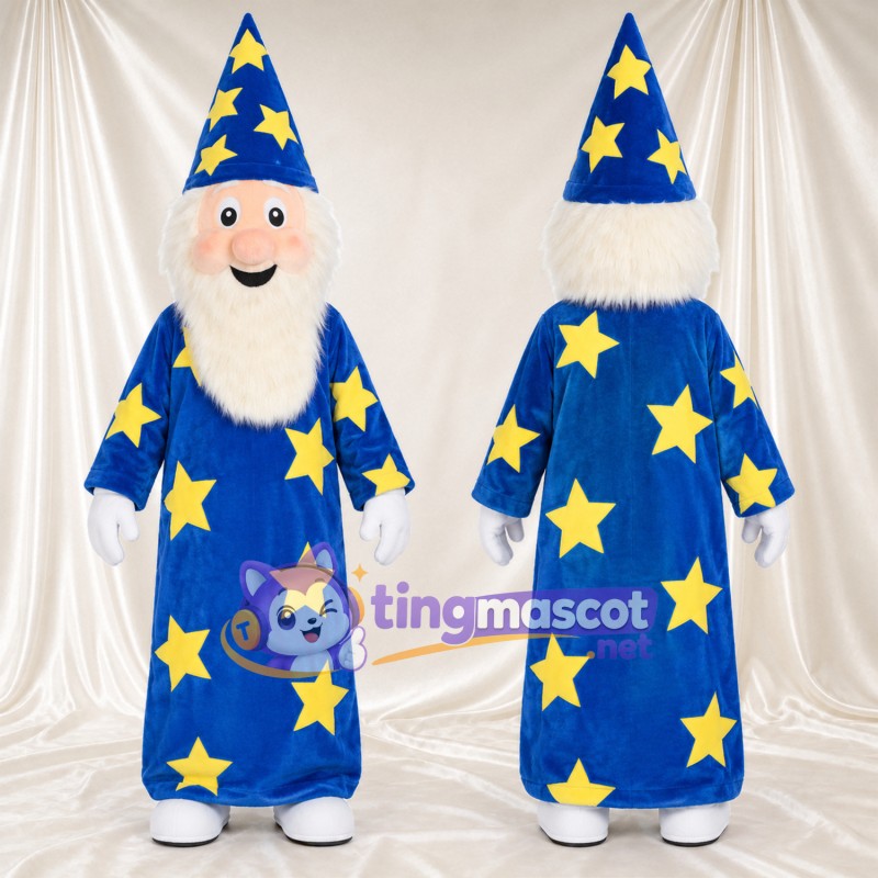Wizard Mascot Costume - Bright Blue Robe and Large Yellow Stars