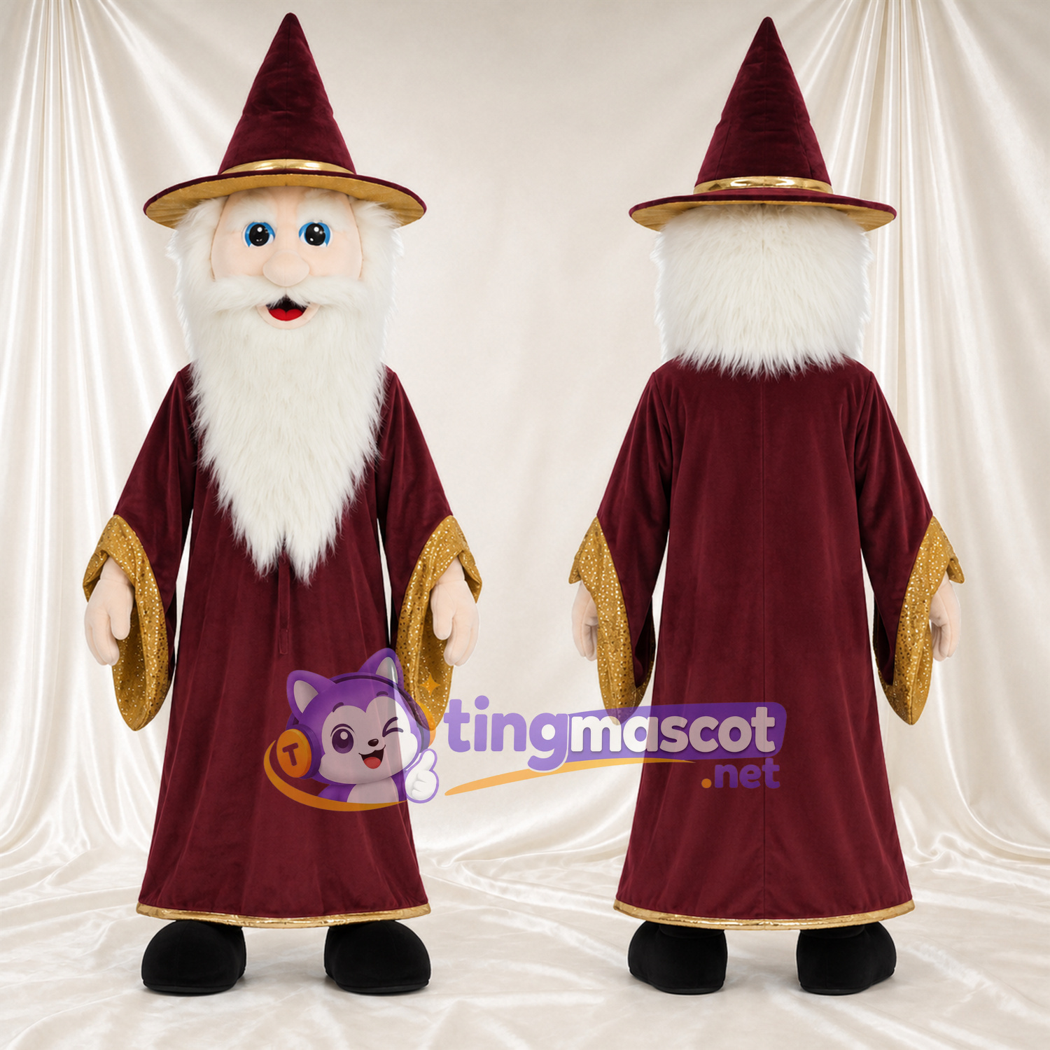 Wizard Mascot Costume - Burgundy Robe and Gold Cuffs Wizard Mascot Costume - Burgundy Robe and Gold Cuffs