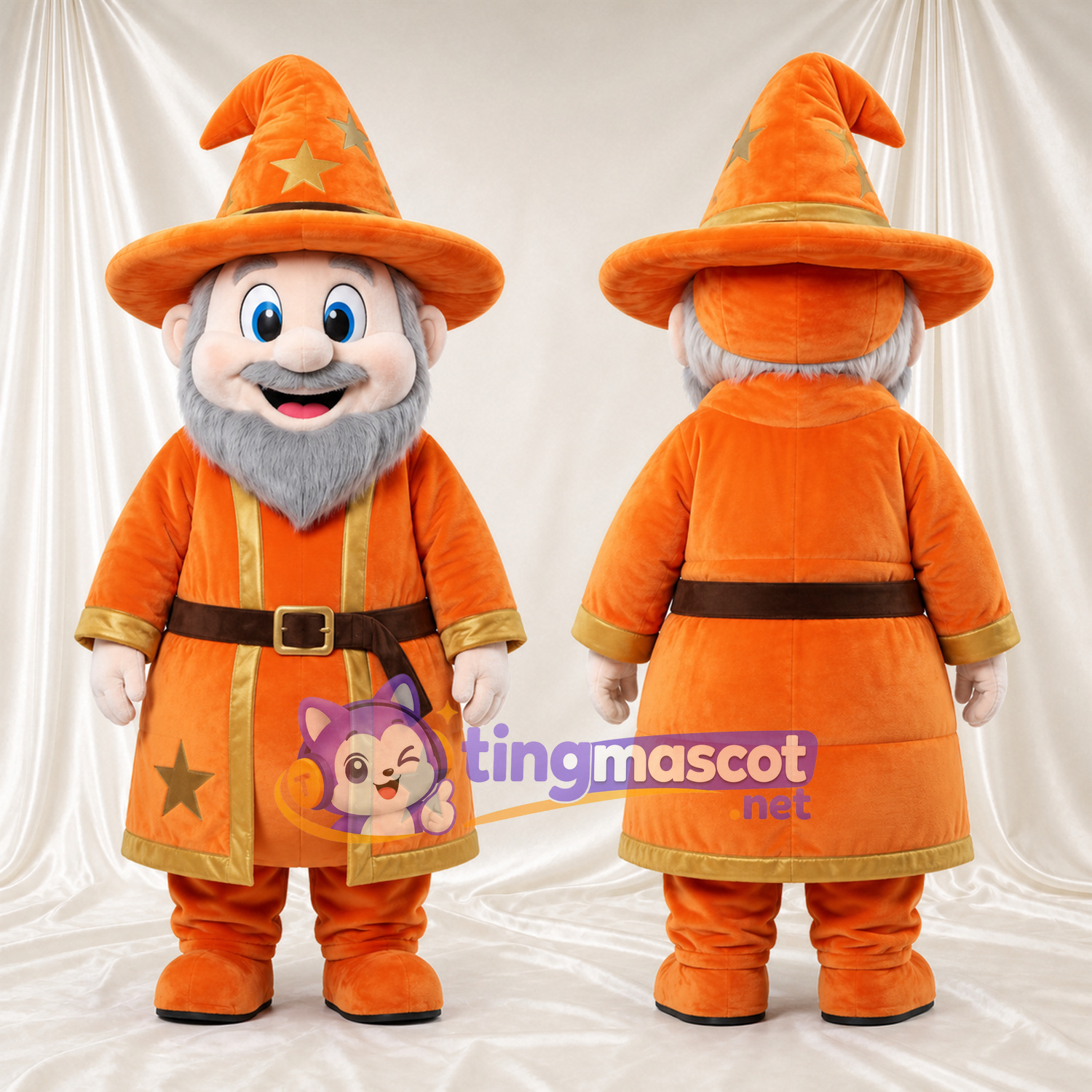 Costume de mascotte Magicien – selon la photo – Étoile (orange); Chapeau; Manteau (doré) Costume de mascotte Magicien – selon la photo – Étoile (orange); Chapeau; Manteau (doré)