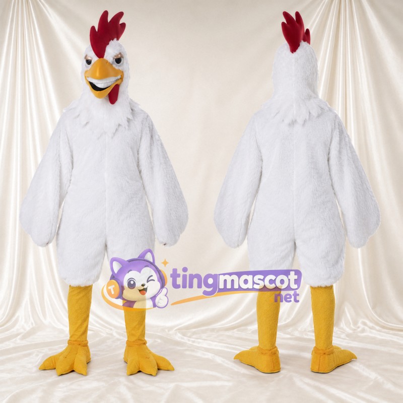 Costume de mascotte Poule – blanc – Crête (rouge); Jambes (long, jaune)